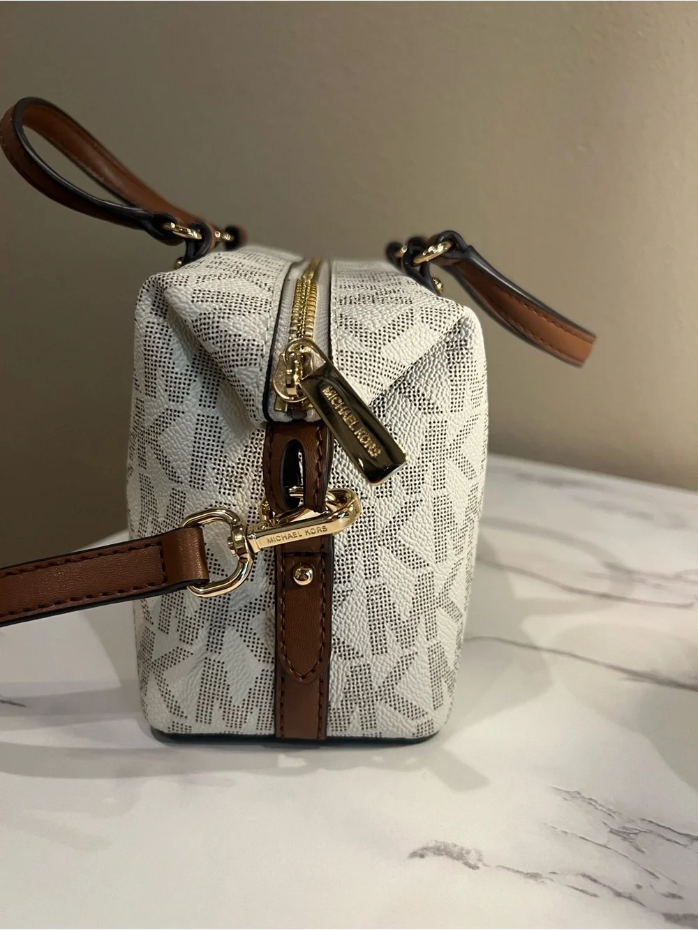 Michael Kors Cream and Brown Logo Dome Satchel